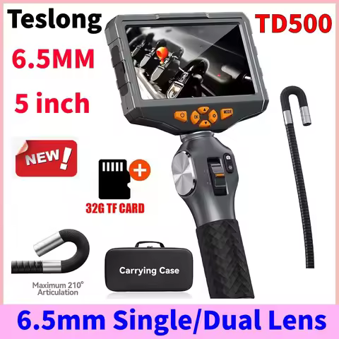 TD500 6.5/3.9MM Dual Lens Articulating Borescope 1080P 5 Inch IPS Two Way 360° Steering Endoscope Ca