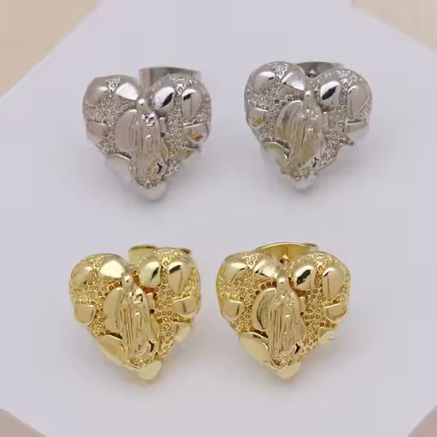 Hip Hop Women's Gold Nugget Virgin Mary Heart Earring Brass Jewelry Fashionable Religious Charm Ear