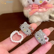 [SEMEBY] Cute Hello Kitty Rhinestones Rings Anime Sanrio KT Cat Rings Adjustable Pearl Heart Rings J