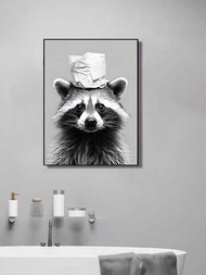 1張動物浣熊與衛生紙掛畫帆布牆藝術,浴室裝飾無框