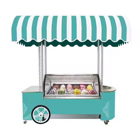 Mobile Hand Push Gelato Ice Cream Display And Selling Cart Showcase With Freezer Ice Cream Vending C