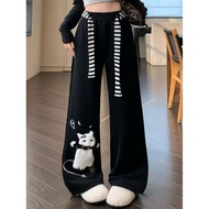 Plus Size Women Cat Embroidery Long Pants Loose Casual Straight Pants