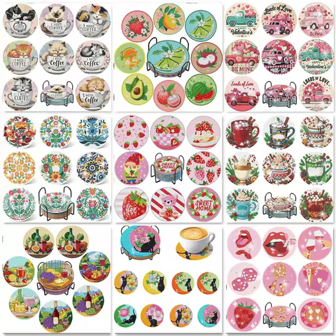 8-piece/set Stone Art Painting Cup Mat with Stand, DIY Coffee Cat Pattern Diamond Art Cup Mat, Diamo