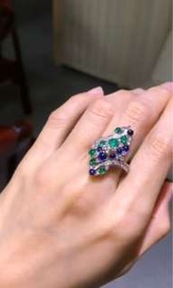 (詢價)18K gold Natural blue sapphire emerald diamond ring