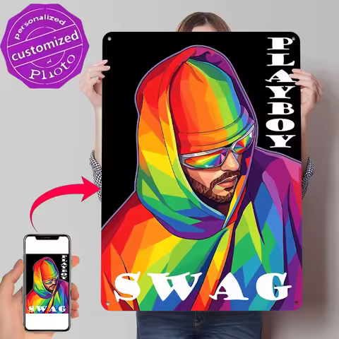 Rainbow Swag Playboy Portrait Metal Poster Wall Art Retro Vintage Metal Signs for Man Cave Bathroom 