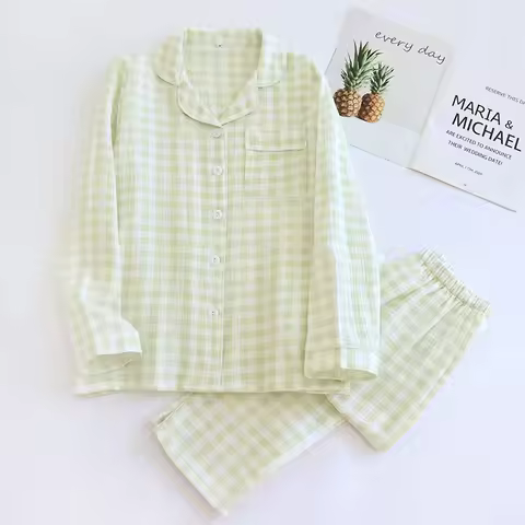 2025 New Spring Couple's Pajama Set 100% Cotton Long Sleeve Long Pants Two Piece Set Checkered Men's