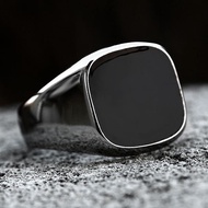 Cincin Mata Batu Hitam Kotak Bulat Beier Stainless Premium - Glossy Smooth Edge Black Silver Ring /