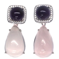 ต่างหูพลอยแท้ โรสควอตซ์(Rose Quartz) 13 x 21 mm. และ อเมทิสต์ ล้อม เพชร-cz เงินแท้ 925 ชุบทองคำขาว