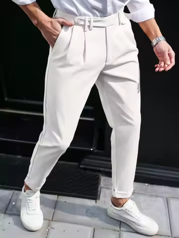 Men's Business Casual Gurkha High Waist Cuffed Cropped Chino Pants 100% Polyester Pleated Tapered Wh