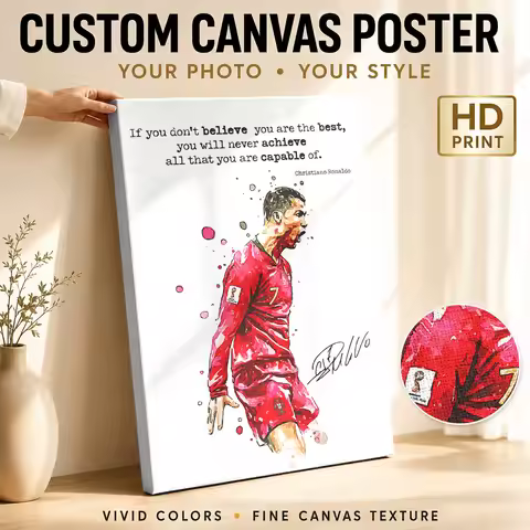 Cristiano Ronaldo Jersey Framed Canvas Print Poster Retro Style Wall Art With Personalized Photo For