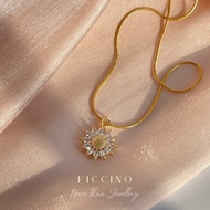 FICCINO 18k Gold Plated Titanium Steel Sunflower Pendant Necklace with Zircon Accessories