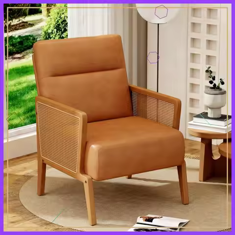 Modern Faux Leather Accent Chair with Rattan Arms, Comfortable Living Room Reading Slipper Chair for