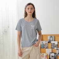 [CUMAR] Bow Patch Embroidered Beaded Decorative Top Blue Pink