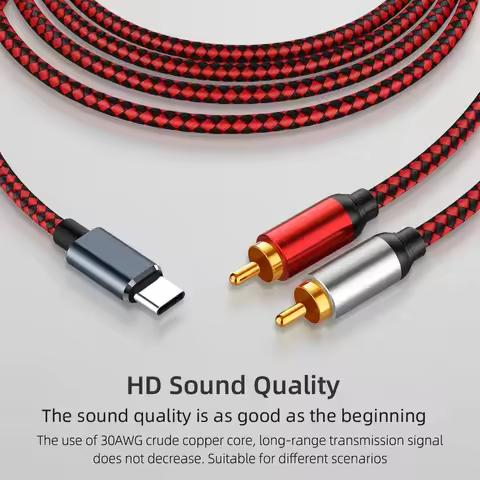 5M USB C to Dual RCA R/L Audio Cable Built-in Decoding Chip Type-C to 2RCA Y Splitter Braid Cord for