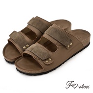 FM SHOES Genuine Leather Double Strap Decompression Slippers Khaki