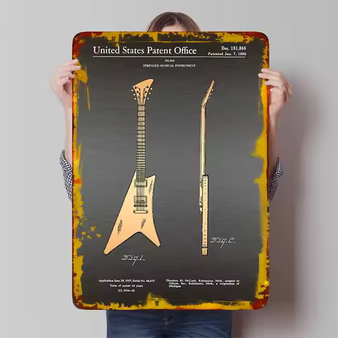 Gibson Flying V 1958 Patent Poster Vintage Electric Guitar Blueprint Metal Wall Art