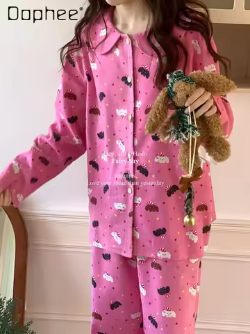 Korean Fashion Cute Colorful Polka Dots Pajama Sets Women Dog Long Sleeve Peter Pan Collar Single-br