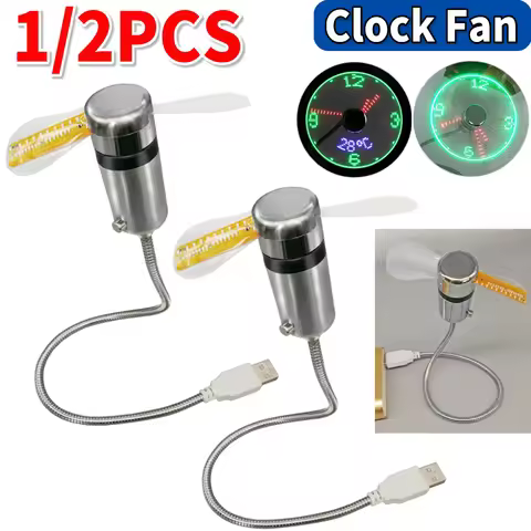1/2Pcs Portable Clock Fan Time Temperature Real Time Display 5V USB Powered Metal Mini Fan Flexible 