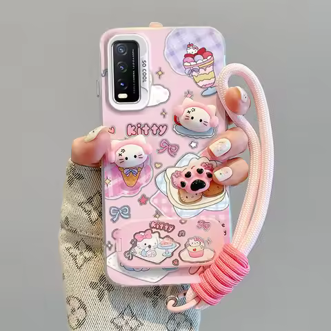 3D Sanrio Kitty Cartoon Mirror Holder Wrist strap Phone Case For Vivo Y30 Y30i Y30G Y32 Y32T Y33S Y5