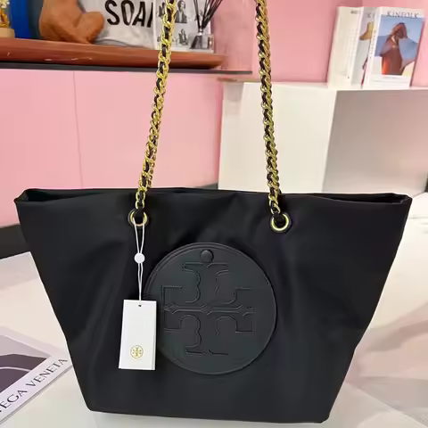 New TORY BURCH‌ Nylon Chain Tote Bag for Women, Oversized Designer Shopping Handbag Shoulder Bag, Ve