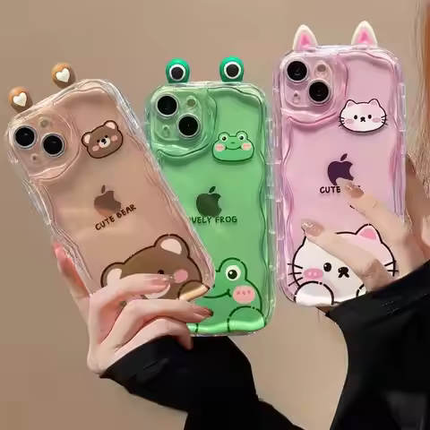 3D Cat Ears Frog Eyes Cute Shy Animal Case for Samsung Galaxy S25 Plus S23 S24 Ultra FE A56 A16 A36 