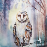 Tyto owl in the forest. Bird watercolor painting on paper