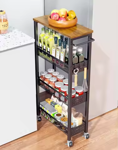 4-Tier Slim Rolling Cart with Wood Top, Narrow Mobile Storage Organizer for Kitchen, Bathroom & Laun