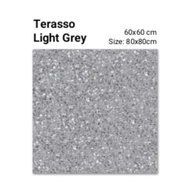 Granit merk COVE tipe Terasso Light Grey UK 60x60cm 80x80cm untuk lantai atau dinding warna Abu Muda motif marmer random permukaan glossy kualitas pertama 