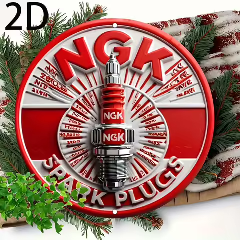 2D Flat, NGK Spark Plugs Aluminum Wall Sign, Retro 2D Round Metal Tin Plaque, Pre-Drilled, Waterproo