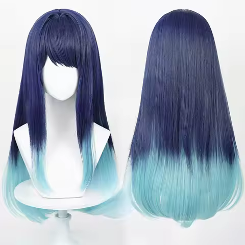 Blue Woman Long Straight Human Hair Simulated Scalp Daily Wear Appointment Party Popular Anime Akane