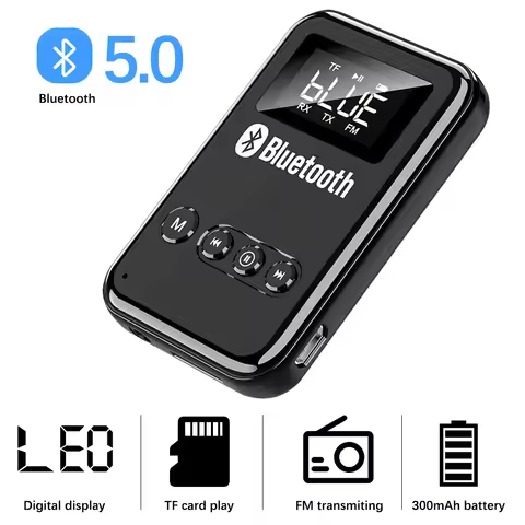 Transmitter Receiver LED Bluetooth 5.0 Adapter Support TF Card FM 300mA Battery For Car Music Headph