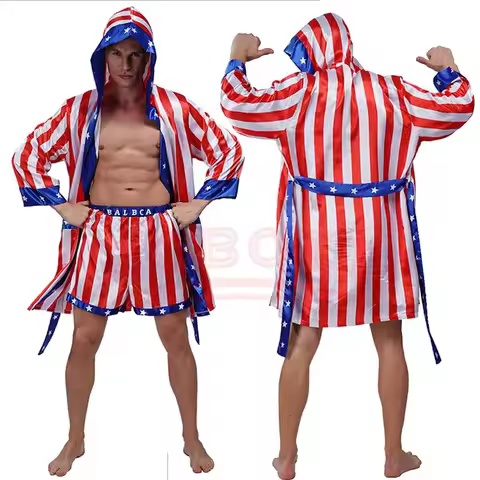 New Halloween Cosplay Adult American Flag Boxing Costume with Robe Short Rocky Balboa Boxing Indepen