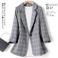 LOMOGI Korean style blazer Plaid Jacket in pink and grey and Suit Blazer for Women Thin Slim Womens Suit Coat
