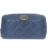 藍色 羊皮 Boy 拉鍊中夾 銀釦 (無卡)【CHANEL 香奈兒】