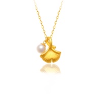 NYMPH Real 24K 999 Gold Ginkgo Biloba Pendant Necklace and Natural Pearl Pure 18K AU750 Chain Fine Jewelry Gift for Women D562