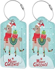 Cute Llama Luggage Tags Set of 2 Blue Leather Backpack Bag Tags Privacy Cover Suitcase Label with Stainless Steel Loop for Kids Adults Travel, Christmas Gifts
