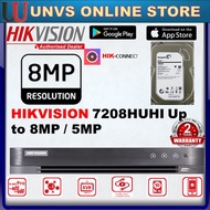 HIKVISION HIK  8-CHANNEL CCTV /8.0M/5.0MP 1920P DVR + HDD 4K DS-7208HUHI-K1 5MP 8CH Video Recorder