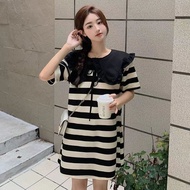 【Dress Oversized】(40-150kg) Plus Size Short Sleeves Striped Mini Dress Dollar Collar Korean Fashion T-shirt Dress Above Knee