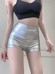 Sexy Silver Tight Sports Pants Women's Dj Dance High Waist Shorts