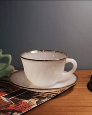 Fire King coffee cup set 奶白色鑲金邊 牛奶玻璃杯 茶杯 咖啡杯 古董品收藏