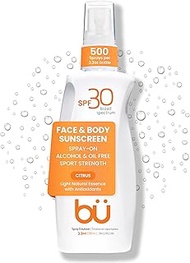 BU SPF 30 Sunscreen Spray for Face and Body, Non Aerosol Spray, Clear WOWmist, TSA Travel Size Sunbl