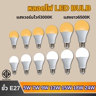 หลอดไฟ LED หลอดไฟกลม ขั้วE27 ใช้ไฟฟ้า220V สว่างนวลตา 5W 7W 9W 12W 15W 18W 22W แสงสีขาว T8
