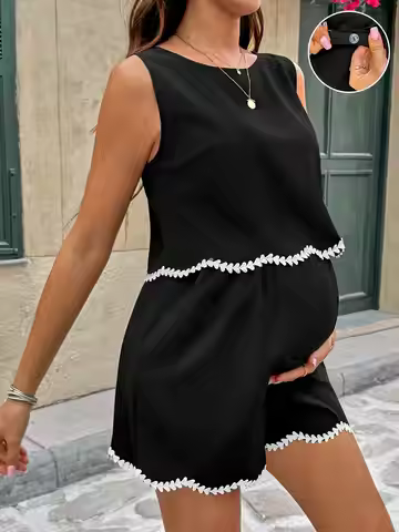 SHEIN 2pcs Maternity Co Ord Set,Black And White Elegant Summer Casual Maternity Photoshoot Outfit,Sl