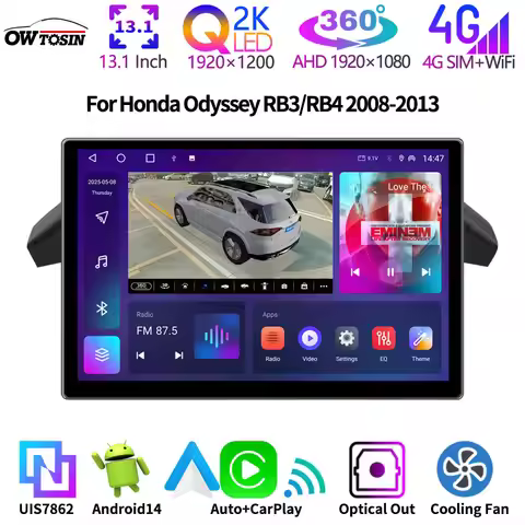 7862 8G+256G Android 14 Car Multimedia Radio GPS Player For Honda Odyssey RB3/RB4 2008-2013 360° Pan