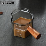 HSHELAN Milk Cup, Vertical Grain with Wood Handle Espresso Cup, Easy to Clean Glass High Quality Gray Measuring Cup Milk Espresso Shot