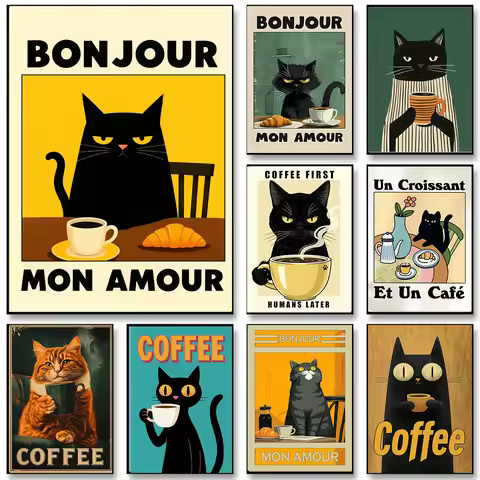 Retro French Coffee Black Cat Canvas Wall Art Set, Funny Cat Poster, Kitchen Dining Room Coffee Bar 