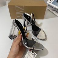 For のZARAˉzaraˉの ZA New Summer Round Toe One-word Crystal Thick Heel Shallow High Heels Buckle Strap