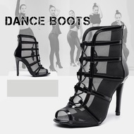 High Top Open Toe Dance Boots Women's Steel Pipe Dance Latin Jazz High Heel Dance Shoes Breathable and Comfortable Heel Height 10CM