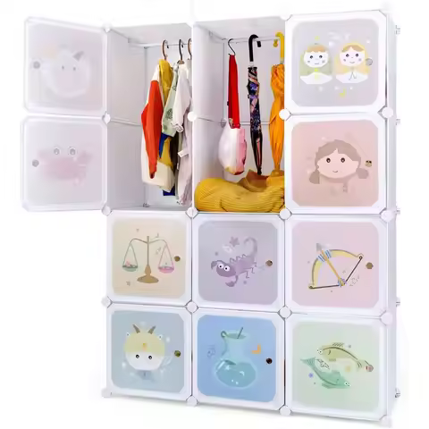 Children Wardrobe, Kid Closet Portable Baby Drer Cute or Kids Bedroom Nursery Armoire with Do12 Cube