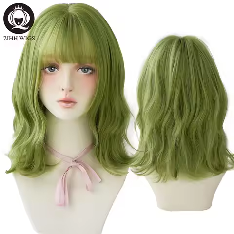 7JHH WIGS Olive Green Deep Wave Wig With Bangs For Women Party Delicate Cosplay Heat Resistant Synth